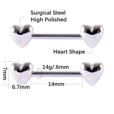 ДВОЙКА 14G сърце Пиърсинг на зърното от хирургическа стомана Зърна Мряна Пръстени за език Щит Пиърсинг Бижута за тяло 14GX14mm