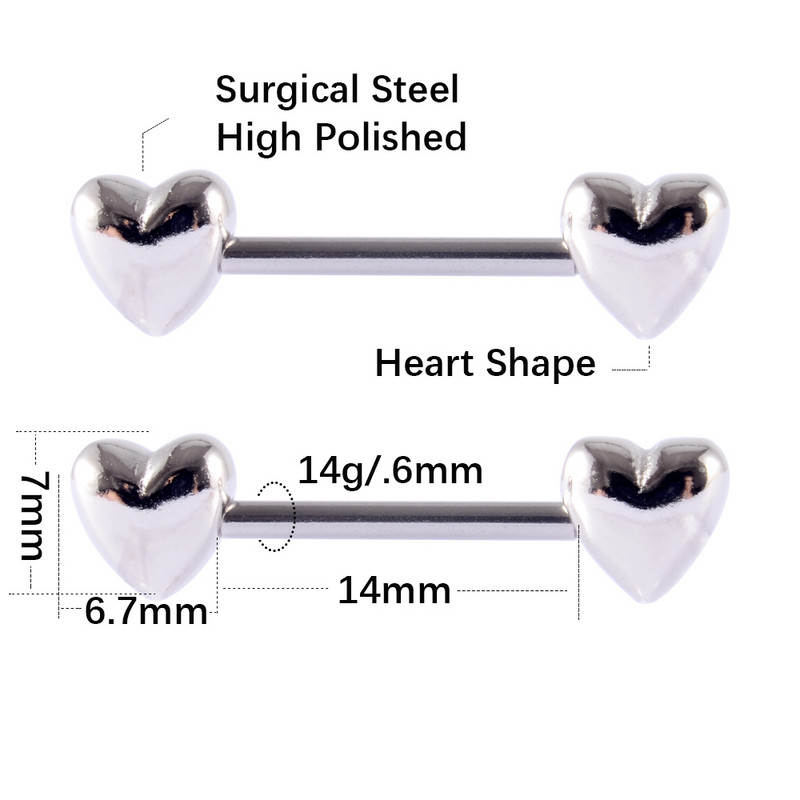 ДВОЙКА 14G сърце Пиърсинг на зърното от хирургическа стомана Зърна Мряна Пръстени за език Щит Пиърсинг Бижута за тяло 14GX14mm