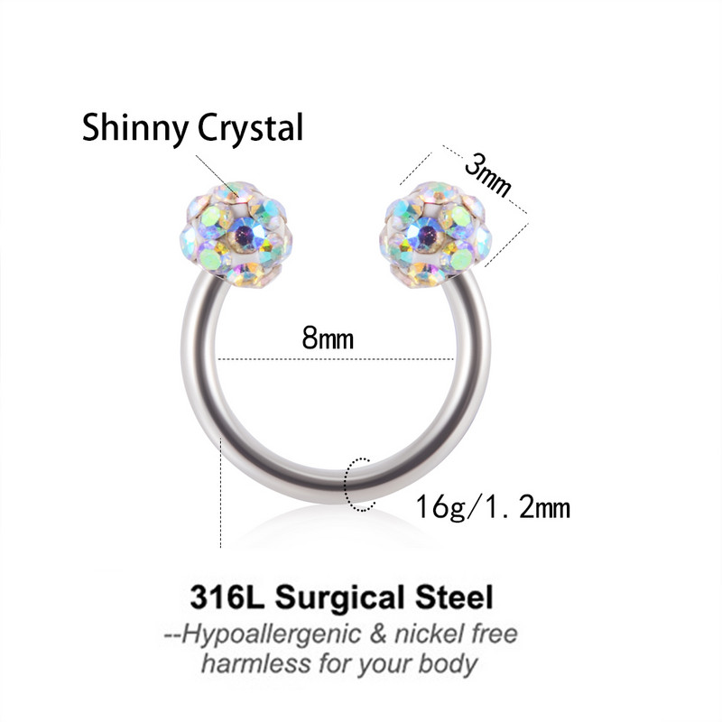 1PC Bling Ferido Inele septum nas potcoavă Piercing bijuterii 16G Cartilage Helix Tragus Cercei Cerce Lip Piercing Retainer 8mm