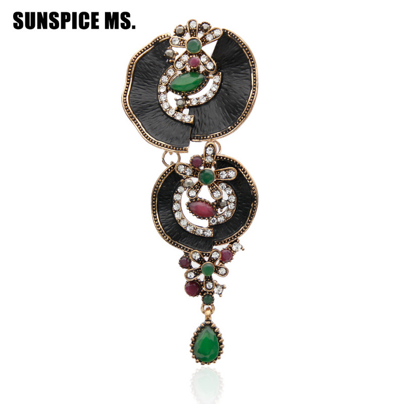 Design de marcă Turcă femeie picătură lungă floare broșă vintage pin aur culoare rășină neagră vopsea bijuterii broșe etnice email