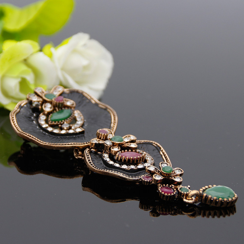 Design de marcă Turcă femeie picătură lungă floare broșă vintage pin aur culoare rășină neagră vopsea bijuterii broșe etnice email