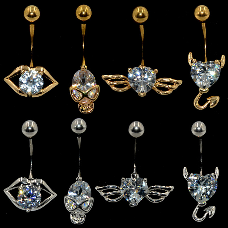 1 buc inele minunate pentru buric, oțel chirurgical, aur, gura de craniu, aripi, design transparent, zircon, inel pentru buric, piercing, bijuterii pentru corp