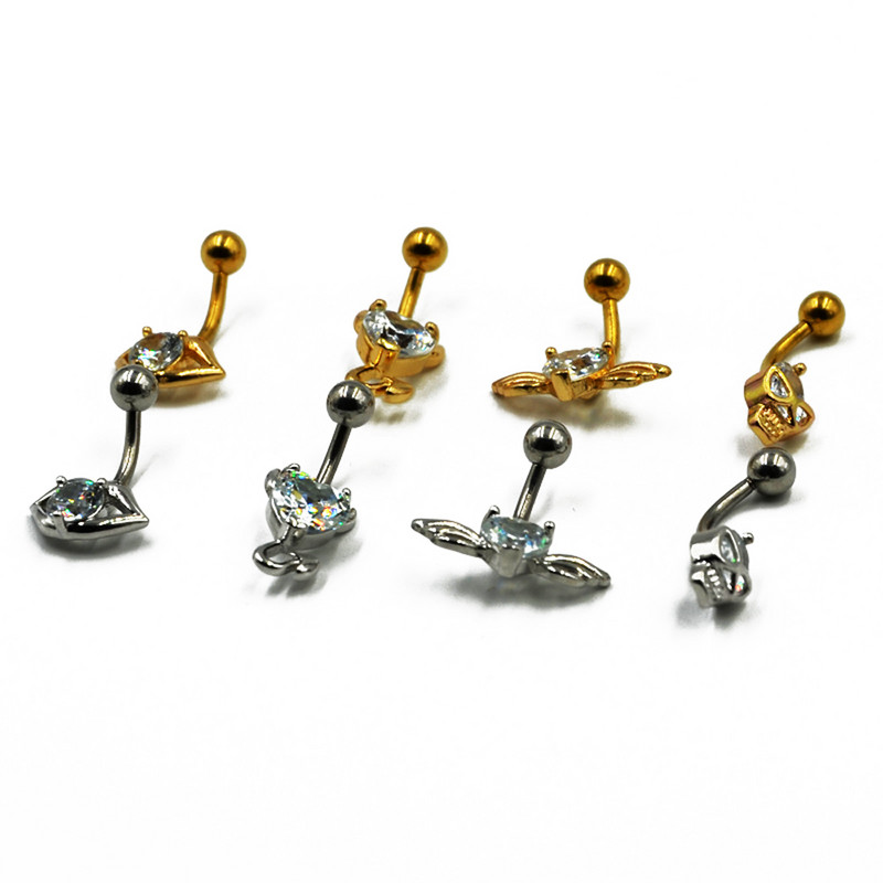1 buc inele minunate pentru buric, oțel chirurgical, aur, gura de craniu, aripi, design transparent, zircon, inel pentru buric, piercing, bijuterii pentru corp