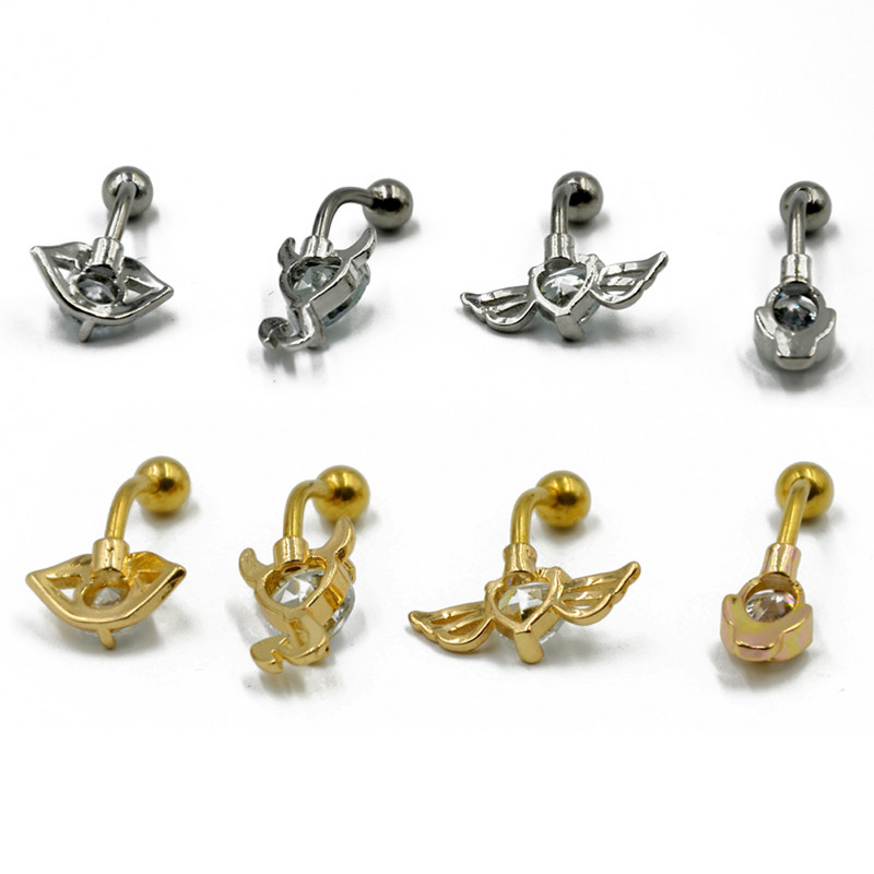 1 buc inele minunate pentru buric, oțel chirurgical, aur, gura de craniu, aripi, design transparent, zircon, inel pentru buric, piercing, bijuterii pentru corp