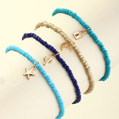 4 buc. Boho, multicolor, mărgele de orez, gleznă pentru femei Lock Star Moon Pendans, sandale desculțe, brățări, lanțuri de gleznă, bijuterii pentru fete