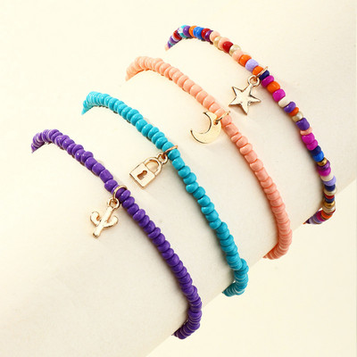 4 buc. Boho, multicolor, mărgele de orez, gleznă pentru femei Lock Star Moon Pendans, sandale desculțe, brățări, lanțuri de gleznă, bijuterii pentru fete