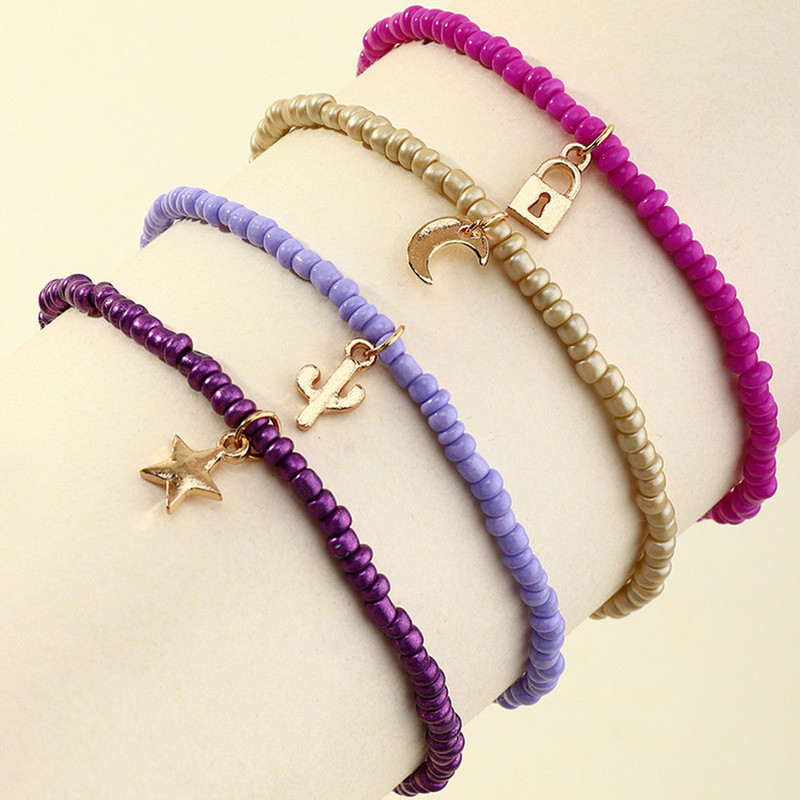 4 buc. Boho, multicolor, mărgele de orez, gleznă pentru femei Lock Star Moon Pendans, sandale desculțe, brățări, lanțuri de gleznă, bijuterii pentru fete