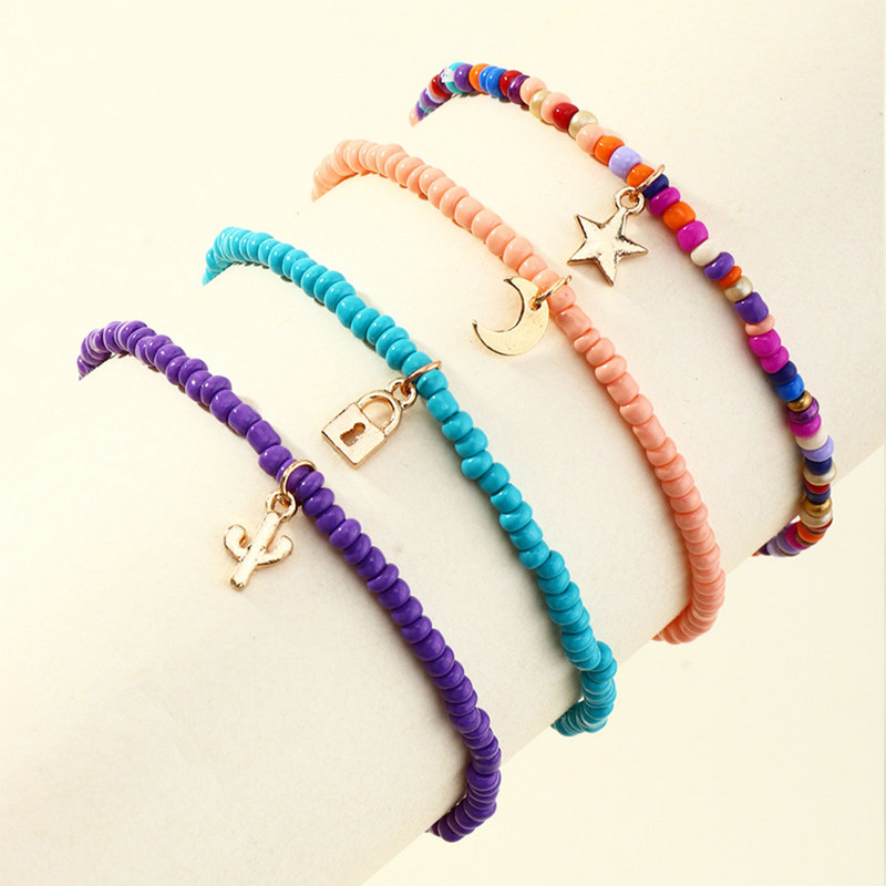 4 buc. Boho, multicolor, mărgele de orez, gleznă pentru femei Lock Star Moon Pendans, sandale desculțe, brățări, lanțuri de gleznă, bijuterii pentru fete