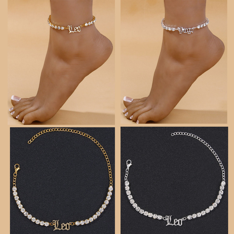 2022 Nouă gleznă din oțel inoxidabil cu 12 constelații pentru femei, la modă, cu litere din strasuri englezești, bijuterii de plajă cu zircon încrustate