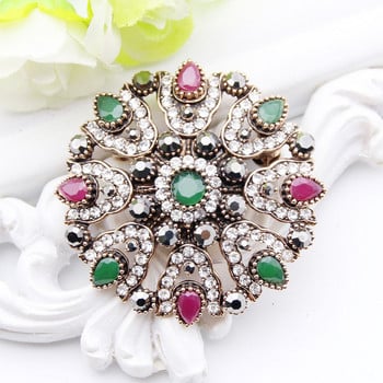 SUNSPICE MS Turkish Crystal Flower Brooch Pin Antique Gold Silver Цвят Етнически банкет Бижута Хиджаб Ревер Брошки Брошки Подарък