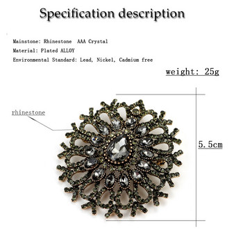 Sunspicems Vintage Women Turkish Flower Brooch Pin Full Grey Crystal Jewelry Rhinestone Brooches Ревер Кафтан Корсаж Едро