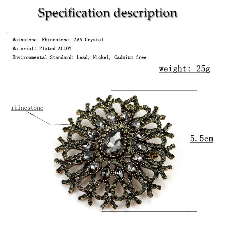 Sunspicems Vintage Femei Broșă cu flori turcești Pin, bijuterii de cristal, gri complet, Broșe cu strasuri, rever, corsaj, caftan, vânzare cu ridicata