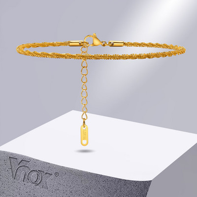 Vnox Lanț de gleznă minimalistă pentru femei, lanț de zale strălucitoare din oțel inoxidabil răsucit de culoare aurie cu ștampilă, lanț de gleznă reglabil