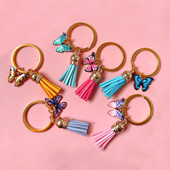 Breloc multicolor cu ciucuri din piele PU cu pandantiv metalic fluture Suport creativ pentru chei de mașină pentru femei, fete, geantă, decorare