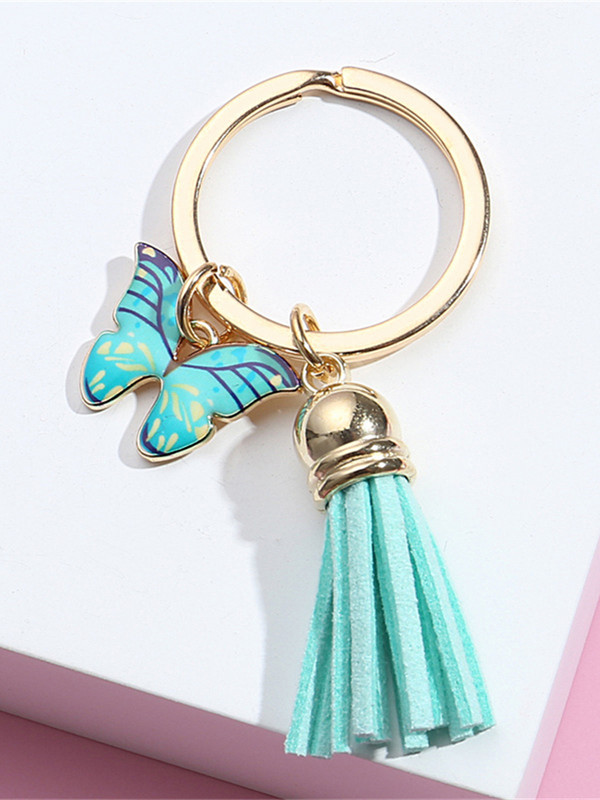 Breloc multicolor cu ciucuri din piele PU cu pandantiv metalic fluture Suport creativ pentru chei de mașină pentru femei, fete, geantă, decorare