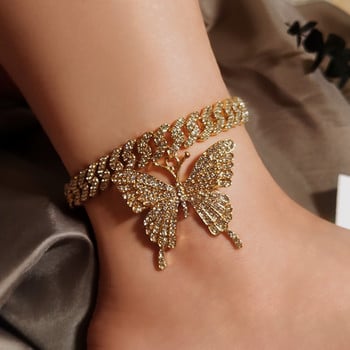 Нова мода Bling Crystal Butterfly Cuban Chain Glezen za Women Iced Out Rhinestone Cuban Link Anklet Гривна Хип-хоп Бижута