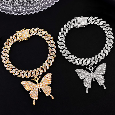 Új divat Bling Crystal Butterfly kubai lánc bokalánc Női Iced Out strassz kubai link bokalánc karkötő Hip Hop ékszer