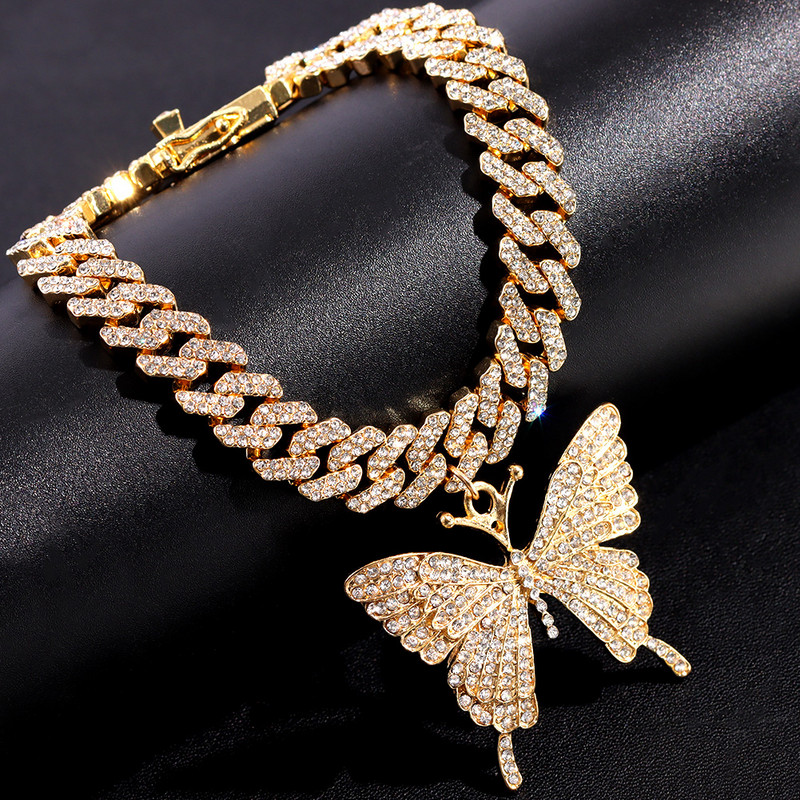 Új divat Bling Crystal Butterfly kubai lánc bokalánc Női Iced Out strassz kubai link bokalánc karkötő Hip Hop ékszer