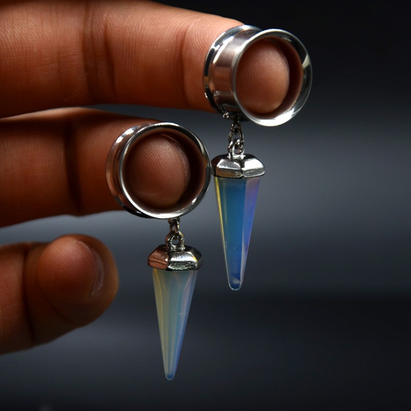 PERECHE dopuri duble evazate pentru urechi Tuneluri pentru urechi în interior Extensor cu targă cu piatră de opal organică, bijuterii pentru piercing pentru corp.