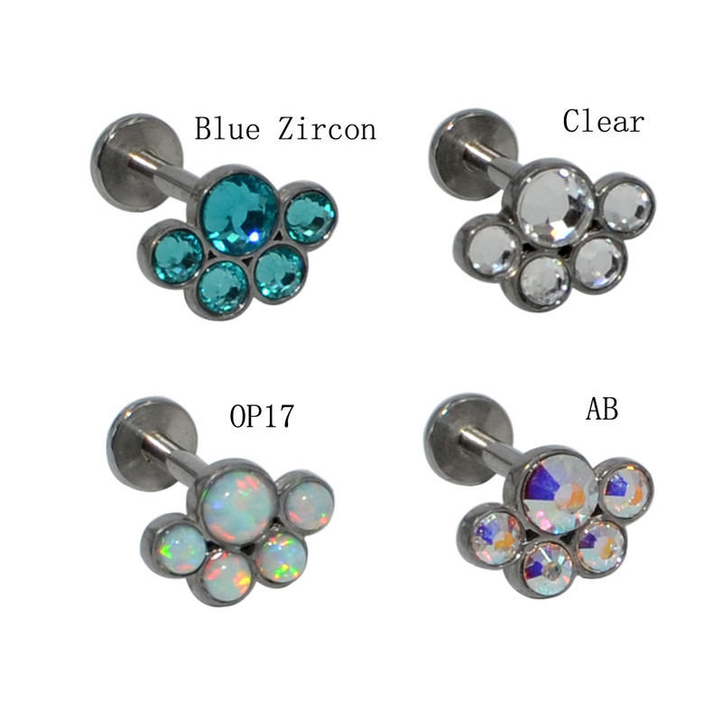 4 bucăți floare ureche cartilaj tragus Helix Stud Piercing G23 titan și oțel Zircon Opal Bar Buza Labret Inele Stud Bijuterii pentru corp