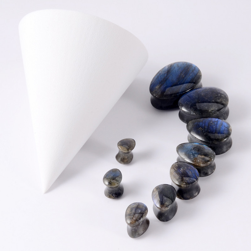 1 pereche de picături de piatră de labradorit, dopuri pentru tunel de carne pentru ureche, dop evazat, expansor de piatră strălucitoare, tub piercing pentru corp, lobi, bijuterii