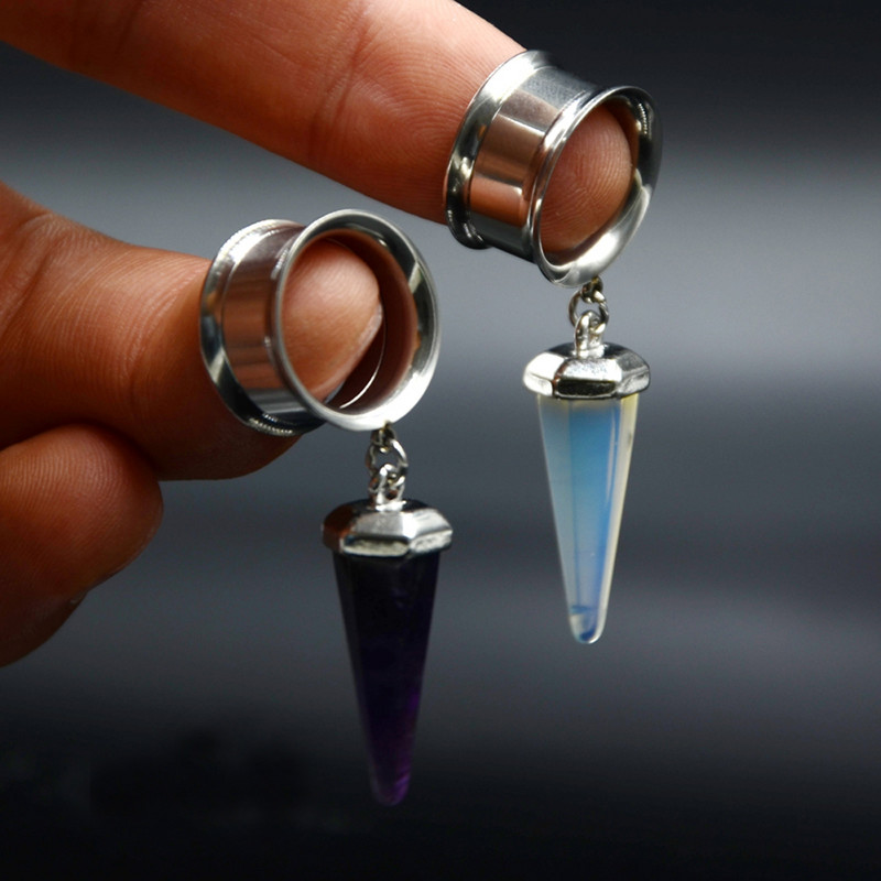 PERECHE de dopuri pentru urechi duble evazate din piatră organică de opal atârnând dopuri de urechi interioare, tuneluri, expansor, targă, piercing pentru corp, bijuterii