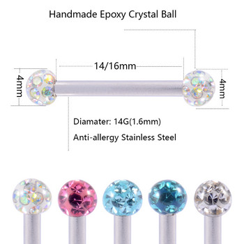 10Pcs Never Fall out Crystal Epoxy 14G шпилки пръстени за зърна Пиърсинг Антиалергични хирургически стоманени пръстени с мряна за език Бижута за тяло