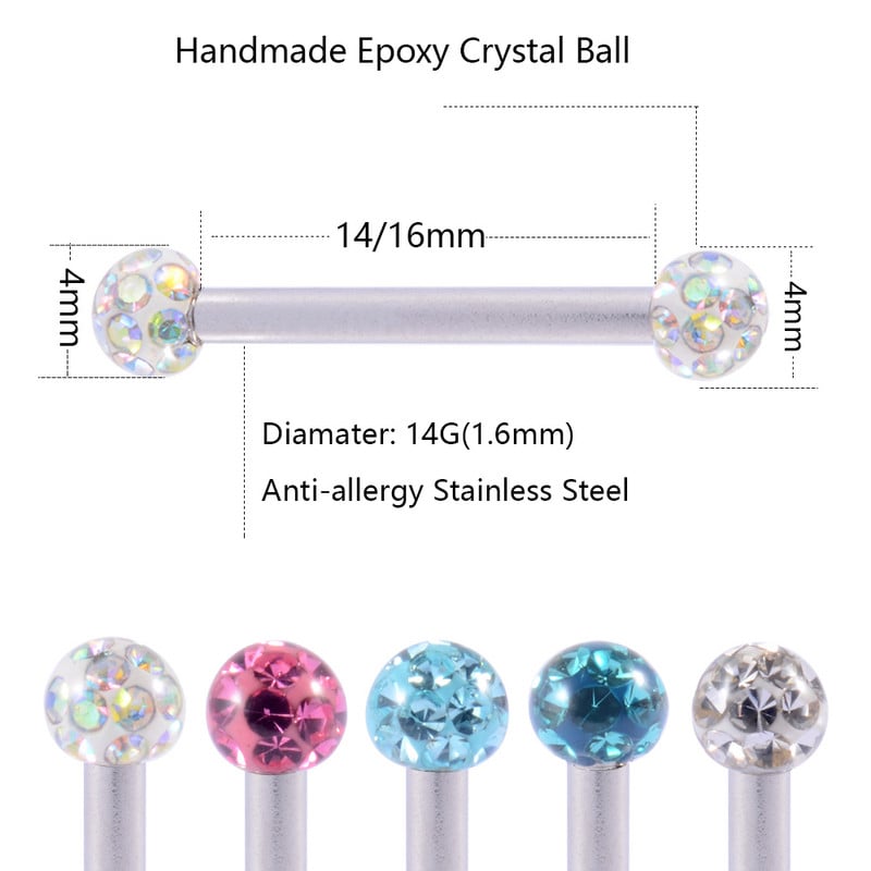 10 buc Never Fall Out Cristal Epoxidic 14G Știfturi Inele pentru mamelon Piercing Anti-alergic Oțel chirurgical Limbă Inel Barbell Bijuterii pentru corp