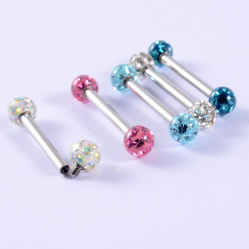 10 buc Never Fall Out Cristal Epoxidic 14G Știfturi Inele pentru mamelon Piercing Anti-alergic Oțel chirurgical Limbă Inel Barbell Bijuterii pentru corp