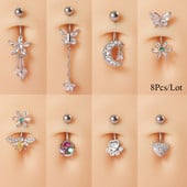 8 buc. Comerț cu ridicata Moon Dangling Buric Inele CZ Gem Flower Bea Navel Bar Piercing Cercei Bijuterii pentru corp pentru plajă