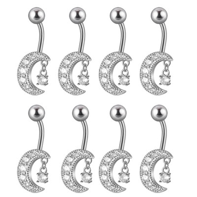 8 buc. Comerț cu ridicata Moon Dangling Buric Inele CZ Gem Flower Bea Navel Bar Piercing Cercei Bijuterii pentru corp pentru plajă