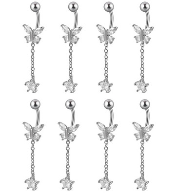 8 buc. Comerț cu ridicata Moon Dangling Buric Inele CZ Gem Flower Bea Navel Bar Piercing Cercei Bijuterii pentru corp pentru plajă