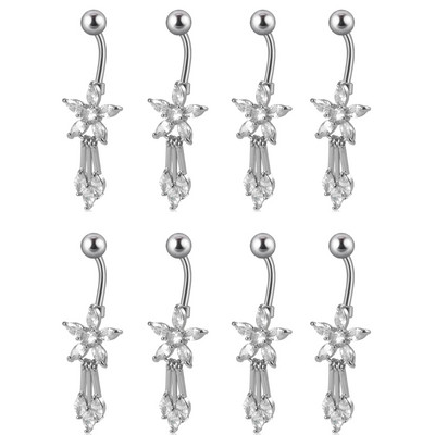 8 buc. Comerț cu ridicata Moon Dangling Buric Inele CZ Gem Flower Bea Navel Bar Piercing Cercei Bijuterii pentru corp pentru plajă
