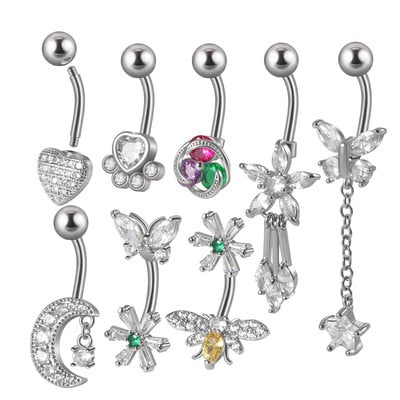 8 buc. Comerț cu ridicata Moon Dangling Buric Inele CZ Gem Flower Bea Navel Bar Piercing Cercei Bijuterii pentru corp pentru plajă