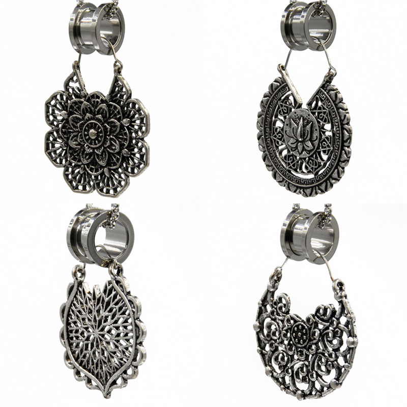 PERECHE Cercei cu cerc cu flori din alamă albă tribală Mandala florală Tunel pentru urechi Expander Vintage Plug pentru targă pentru ureche Bijuterii piercing pentru corp