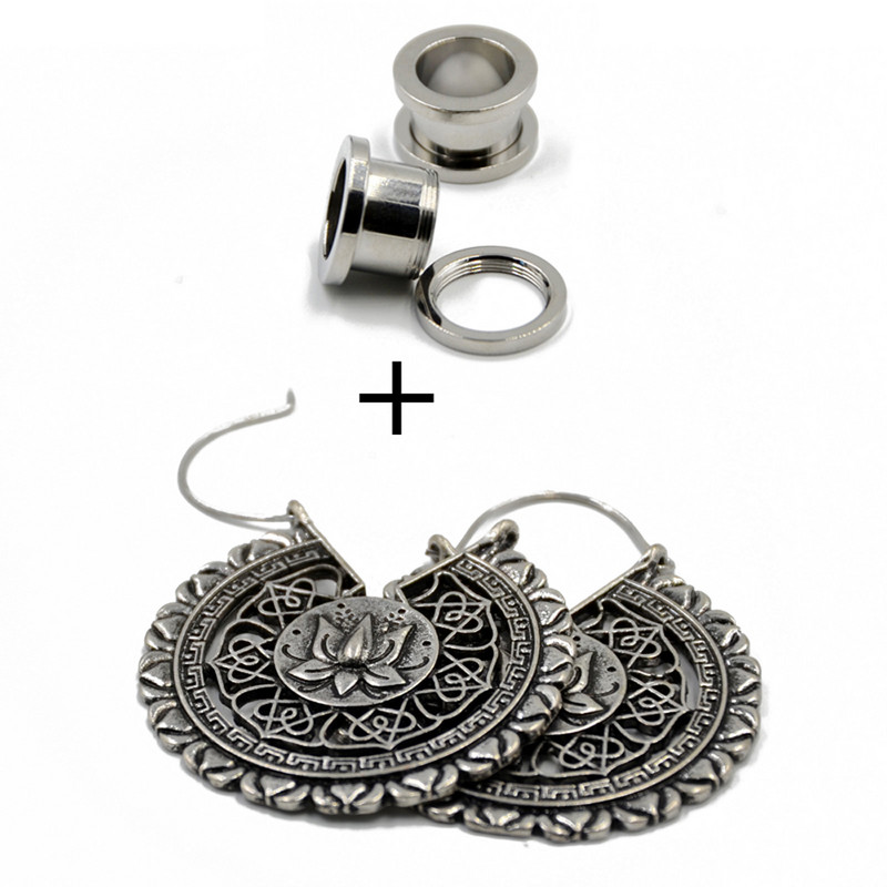 PERECHE Cercei cu cerc cu flori din alamă albă tribală Mandala florală Tunel pentru urechi Expander Vintage Plug pentru targă pentru ureche Bijuterii piercing pentru corp
