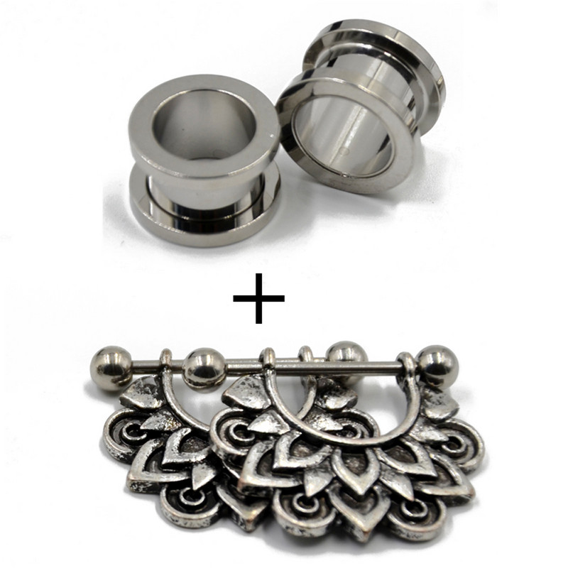 PERECHE Cercei cu cerc cu flori din alamă albă tribală Mandala florală Tunel pentru urechi Expander Vintage Plug pentru targă pentru ureche Bijuterii piercing pentru corp