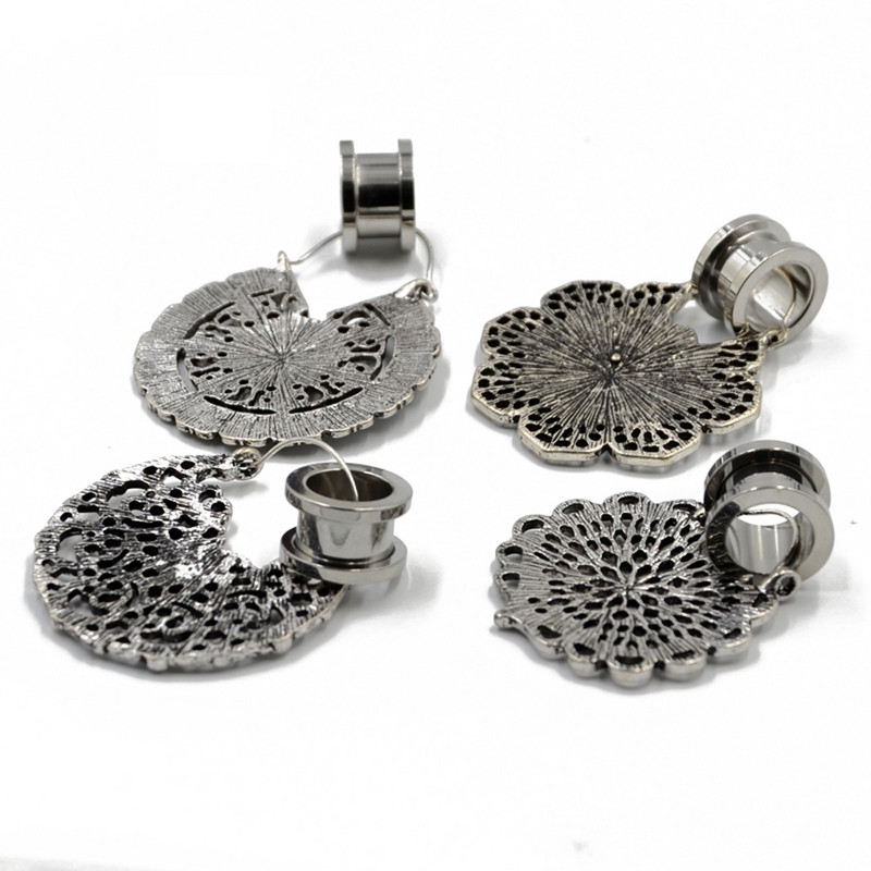 PERECHE Cercei cu cerc cu flori din alamă albă tribală Mandala florală Tunel pentru urechi Expander Vintage Plug pentru targă pentru ureche Bijuterii piercing pentru corp
