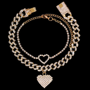 Flatfoosie 2Pcs Fashion Bling Crystal Heart Кубински комплект глезени за жени Iced Out Cuban Chain Гривна за глезена Хип-хоп бижута