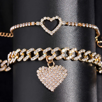 Flatfoosie 2Pcs Fashion Bling Crystal Heart Кубински комплект глезени за жени Iced Out Cuban Chain Гривна за глезена Хип-хоп бижута