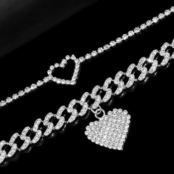 Flatfoosie 2Pcs Fashion Bling Crystal Heart Кубински комплект глезени за жени Iced Out Cuban Chain Гривна за глезена Хип-хоп бижута