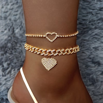 Flatfoosie 2Pcs Fashion Bling Crystal Heart Cuban Link Anklets Set za žene Iced Out Kubanski lanac Narukvica za gležanj Hip Hop nakit