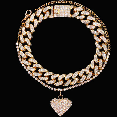 Flatfoosie 2Pcs Fashion Bling Crystal Heart Cuban Link Anklets Set za žene Iced Out Kubanski lanac Narukvica za gležanj Hip Hop nakit