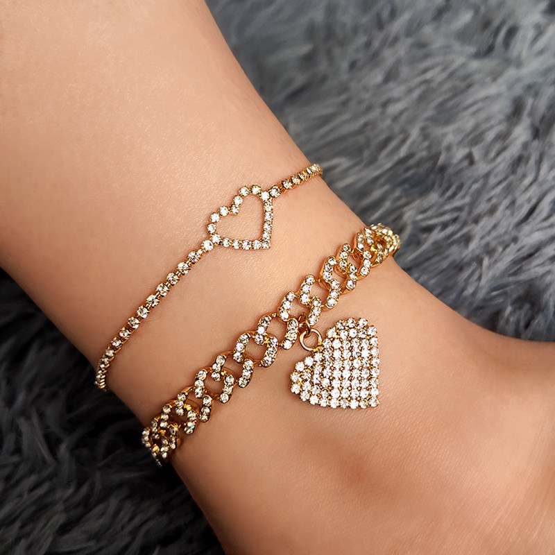 Flatfoosie 2Pcs Fashion Bling Crystal Heart Cuban Link Anklets Set za žene Iced Out Kubanski lanac Narukvica za gležanj Hip Hop nakit