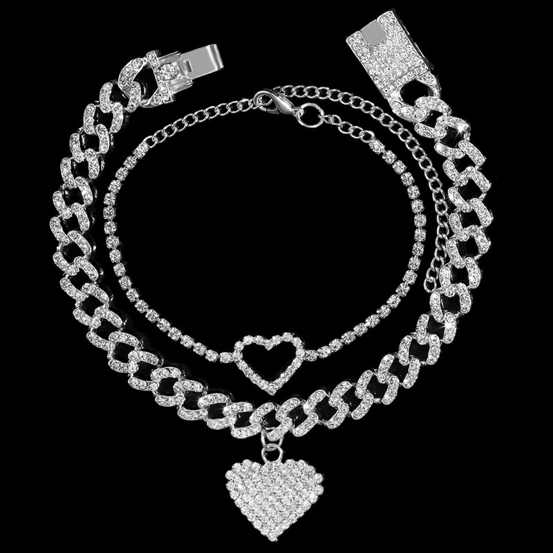Flatfoosie 2Pcs Fashion Bling Crystal Heart Cuban Link Anklets Set za žene Iced Out Kubanski lanac Narukvica za gležanj Hip Hop nakit