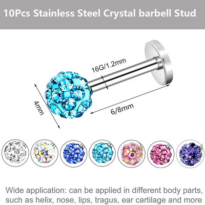 10 db Whoslae 16 Gauge rozsdamentes acél orrcsapok Labret rudak Helix ajakrudak testpiercing Crystal Tragus fülbevalók ékszerek