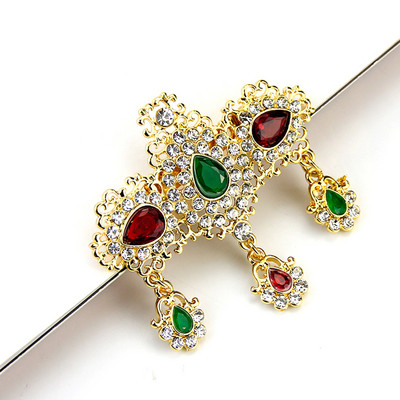 Sunspicems Chic Crystal Brooch Pins for Women Ethnic Wedding Caftan Jewelry Gold Color Full Rhinestone Bohemi Bride Gift
