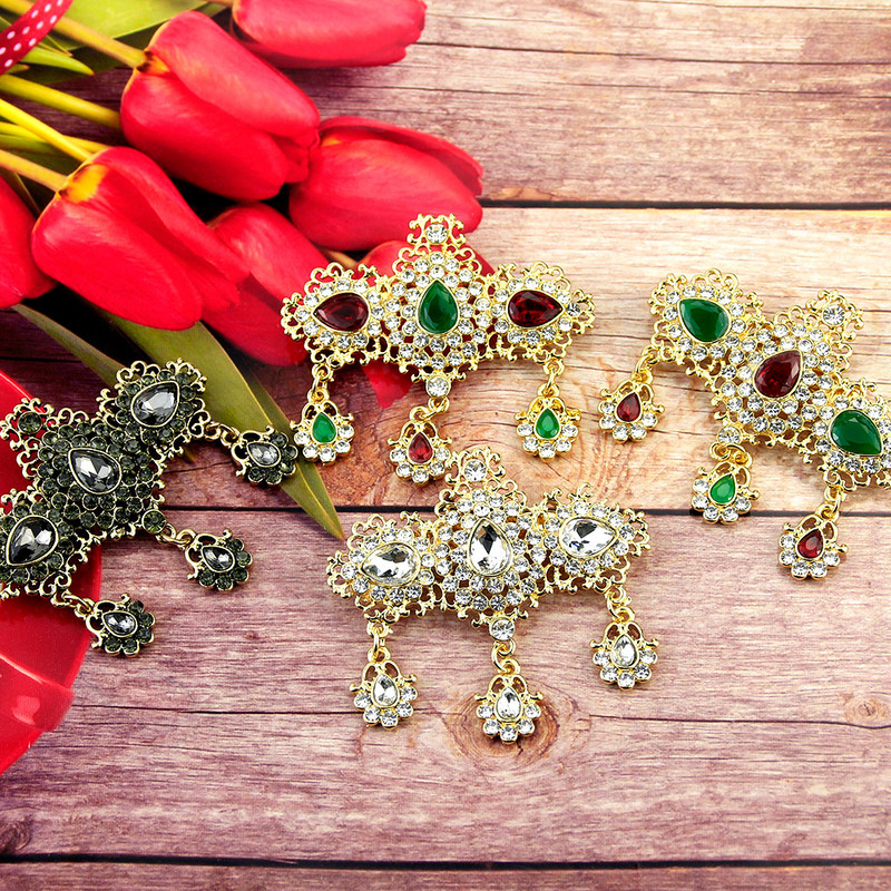 Sunspicems Ace de broșă de cristal chic pentru femei Bijuterii caftan de nuntă etnică de culoare aurie Cadou de mireasă cu stras complet Boemia