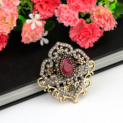 Sunspicems Retro Vintage Virág Bross Pin Női Antik Arany Szín Gyanta Török Etnikai Esküvői Ékszer Kristály Bross