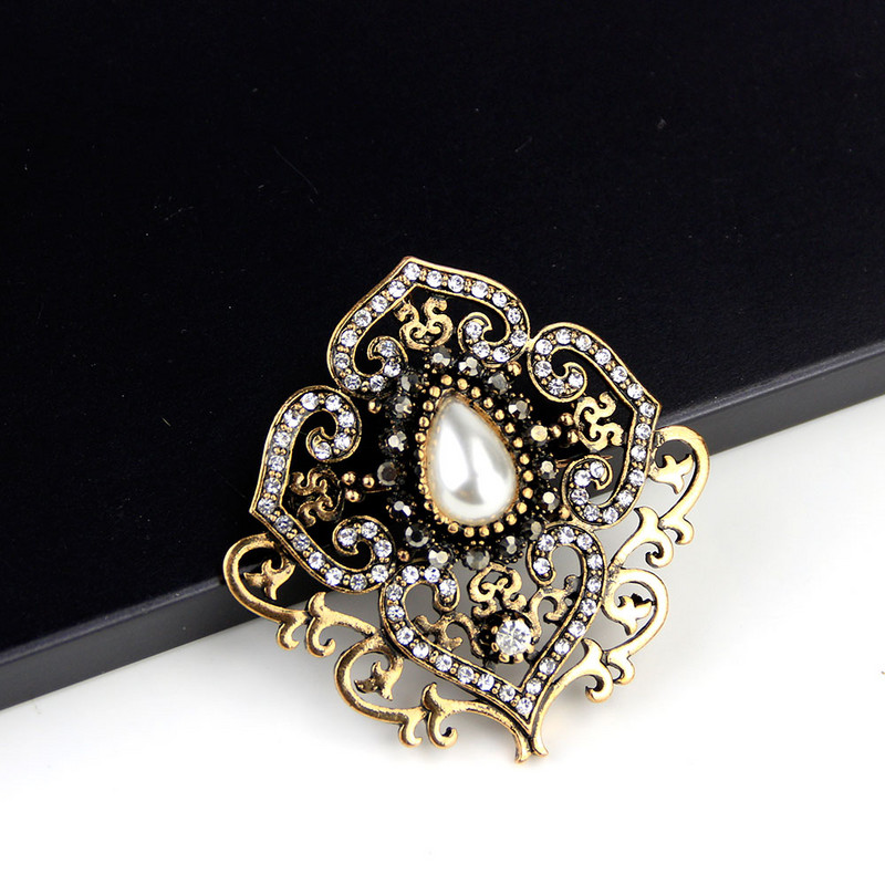 Sunspicems Retro Vintage Virág Bross Pin Női Antik Arany Szín Gyanta Török Etnikai Esküvői Ékszer Kristály Bross